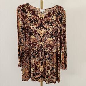 J.Jill Long Sleeve Printed Tunic Tee Womens Size Medium Burgundy Gold Paisley